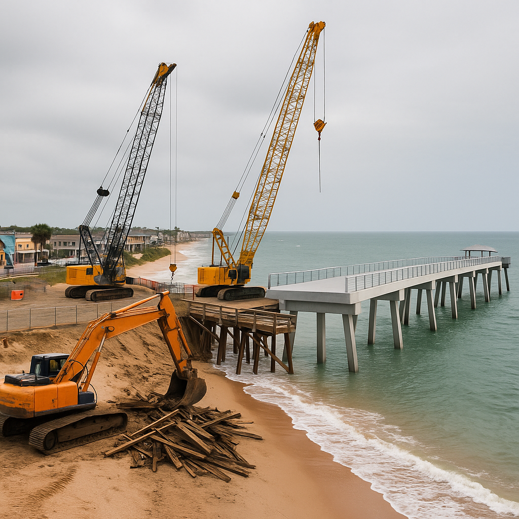 Construction equipment removing remains of the old wooden Flagler Beach Pier with a new concrete pier being built over the ocean in 2025